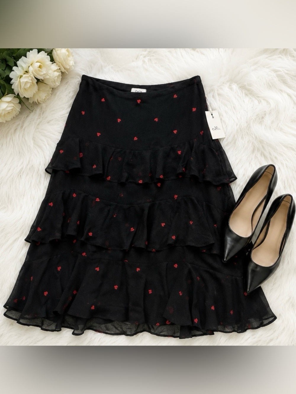 CeCe Black Tiered Ruffle Midi Skirt Red Heart Print Size 10 Romantic NWT - Picture 3 of 11